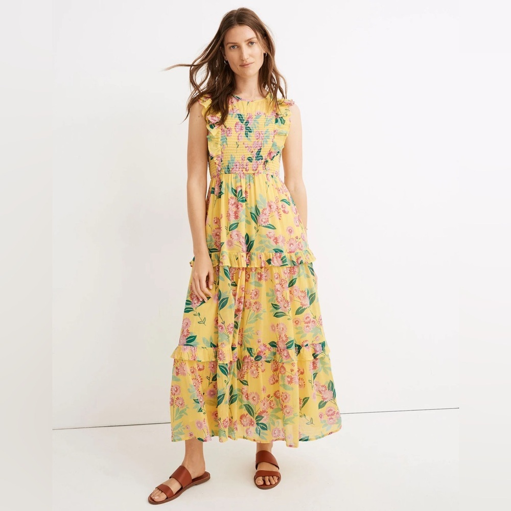 Madewell Banjanan Iris Smocked Midi Dress Medium Floral Smocked Pockets Yellow